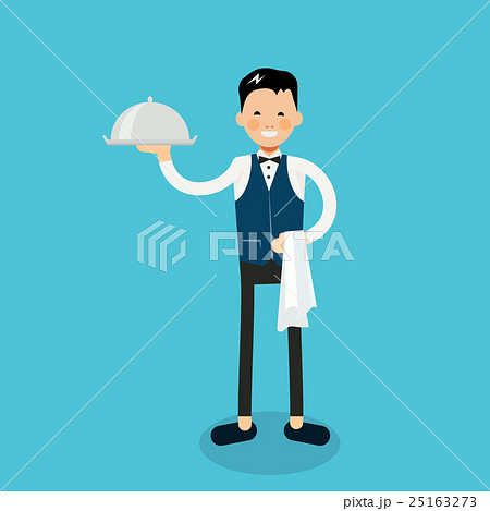 Young cheerful waiter stands with dish and napkin Young cheerful waiter stands with dish and napkin 25163273