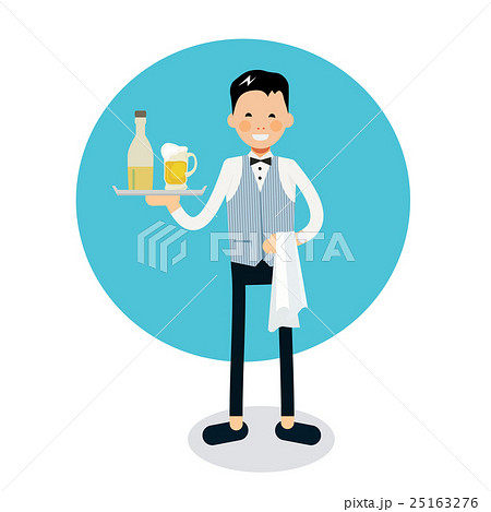 Young cheerful waiter stands with with a bottle  Young cheerful waiter stands with with a bottle  25163276