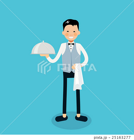 Young Cheerful Waiter Stands With Serving Tray のイラスト素材