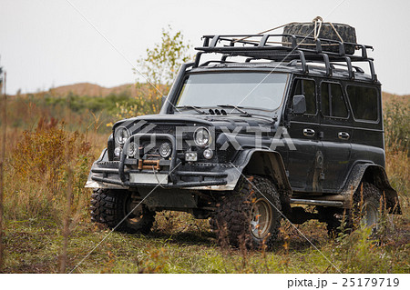 Russian black off road car UAZ in a meadow 25179719