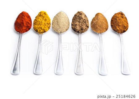 Various spices in spoons. Various spices in spoons. 25184626