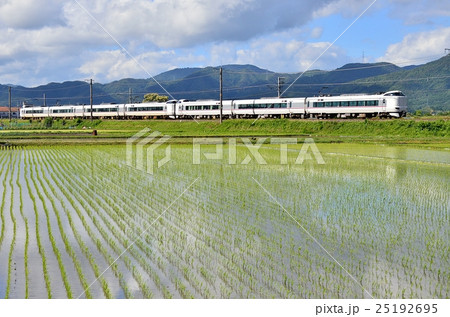 鉄道　列車　新緑　山陰本線　並河~千代川　京都　田んぼ　田園　水鏡　田植え　稲　空　山　JR西日本　 25192695