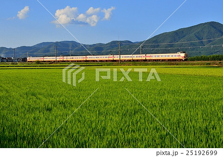 鉄道　列車　新緑　山陰本線　並河~千代川　京都　田んぼ　田園　青稲　田　稲　空　山　JR西日本　国鉄 25192699