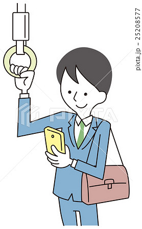 電車の中でモバイルを使うビジネスマンのイラスト素材
