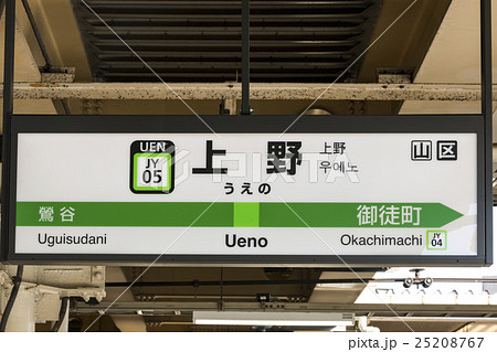 山手線 駅名標 上野駅の写真素材