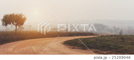 curve road in the valley with sunrise and mist 25209046