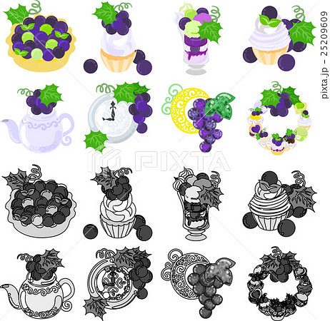 ぶどうのパイとタルトとカップケーキとパフェとモンブランとティーポットと時計とオブジェとリースのイラスト素材