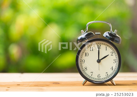 retro clock in green garden at 2 o'clock 25253023