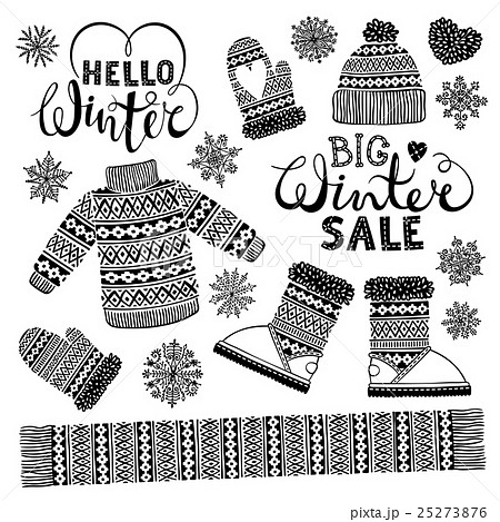 Set drawings knitted woolen clothing and footwear 25273876