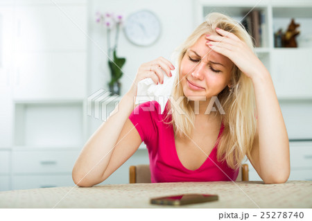 crying girl waiting for call at home . crying girl waiting for call at home . 25278740