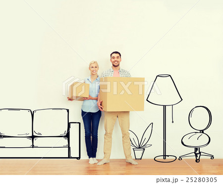 couple with cardboard boxes moving to new home 25280305