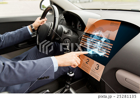 man driving car and pointing to on-board computer man driving car and pointing to on-board computer 25281135
