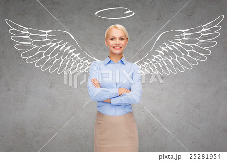 happy businesswoman with angel wings and nimbus 25281954
