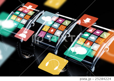close up of smart watch set with menu icons 25284224