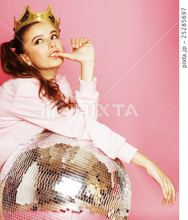 young cute disco girl on pink background with young cute disco girl on pink background with 25285697