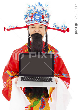 God of wealth holding a laptop   25290347