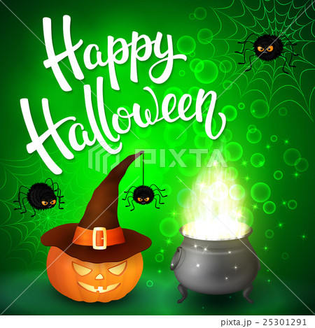 Halloween greeting card with witch hat, pumpkin. Halloween greeting card with witch hat, pumpkin. 25301291