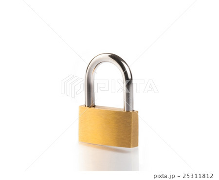 metal padlock with reflection on white table 25311812
