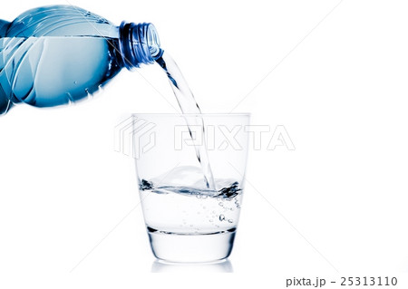 pouring a glass with water trough little blue bottle and space for text 25313110