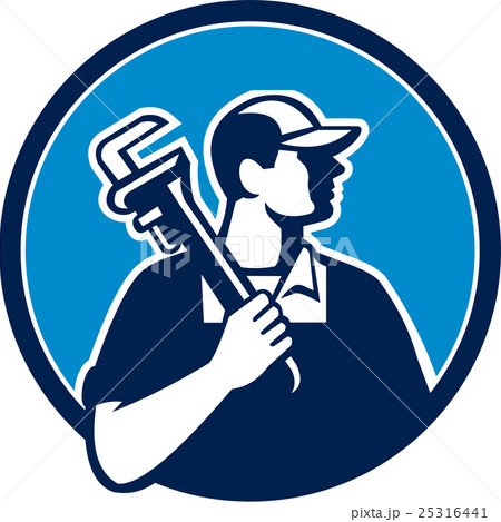 Plumber Holding Pipe Wrench Circle Retro Plumber Holding Pipe Wrench Circle Retro 25316441