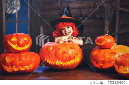 Halloween. child little witch with lantern pumpkin Jack Halloween. child little witch with lantern pumpkin Jack 25316462