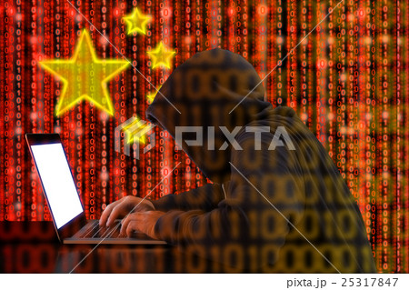 Chinese hacker at work in front of red flag 25317847