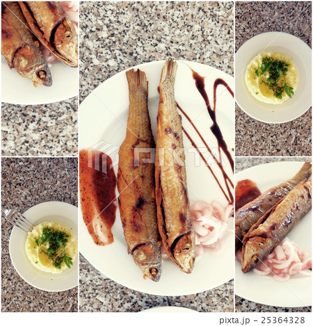 Collection of fried Fish and puree on Table Photo Collection of fried Fish and puree on Table Photo 25364328