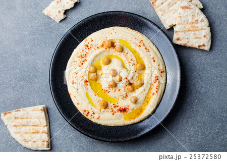Hummus, chickpea dip, spices and pita, flat bread 25372580