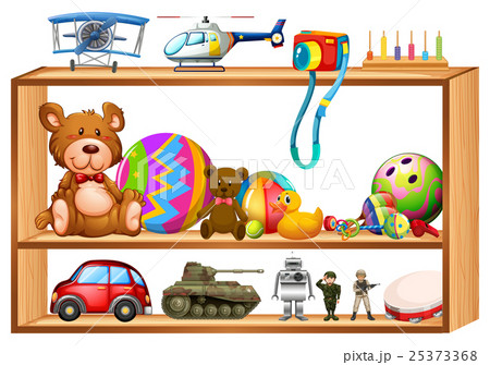 Toys on wooden shelves Toys on wooden shelves 25373368