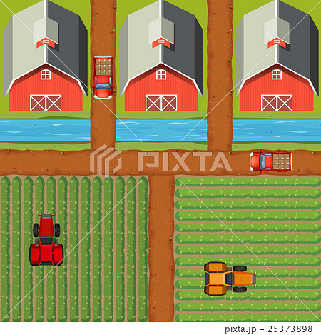 Aerial scene of farmland with crops and barns Aerial scene of farmland with crops and barns 25373898