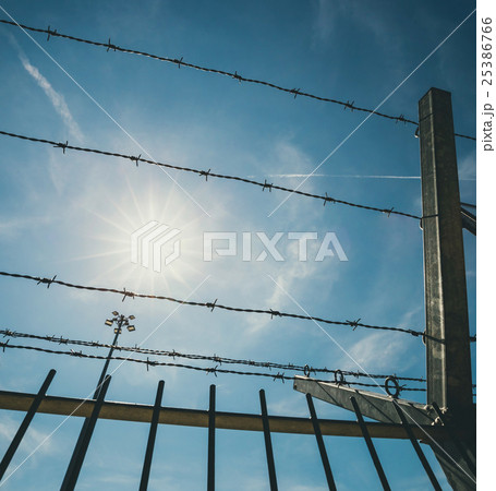 barbed wire and sun on blue sky background barbed wire and sun on blue sky background 25386766