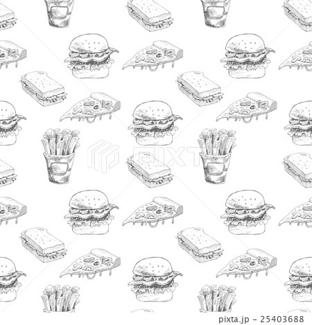 Hand drawn fast food pattern. Burger, pizza 25403688