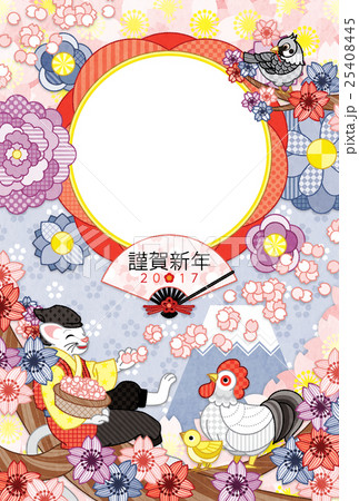 2017年酉年完成年賀状テンプレート「花咲か猫さんと鳥写真フレーム」謹賀新年 25408445