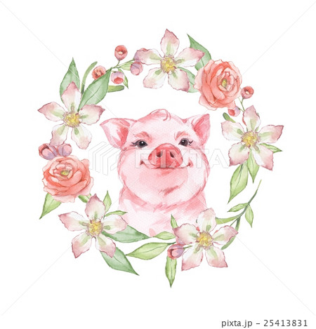 Happy pig. Watercolor illustration with flowers 25413831