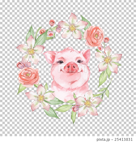 Happy pig. Watercolor illustration with flowers 25413831