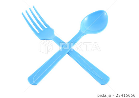 Cross blue plastic spoon and fork. 25415656