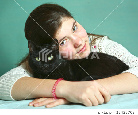 girl with black cat close up portrait girl with black cat close up portrait 25423708