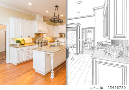 Split Screen Of Drawing and Photo of New Kitchen 25426720