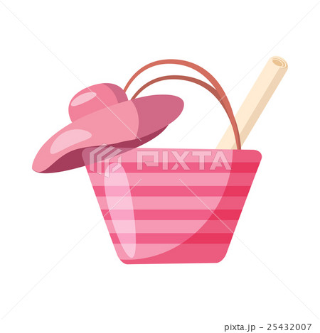 Pink beach bag and hat icon, cartoon style 25432007