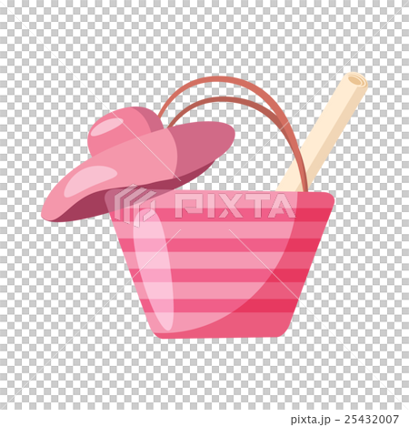 Pink beach bag and hat icon, cartoon style 25432007