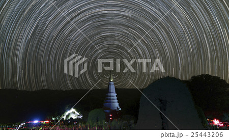view of buddhist pagoda and startrail in galaxy 25443206