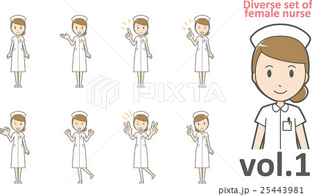 ナース帽をかぶった白衣の看護師vol 1 様々な表情やポーズをセット のイラスト素材
