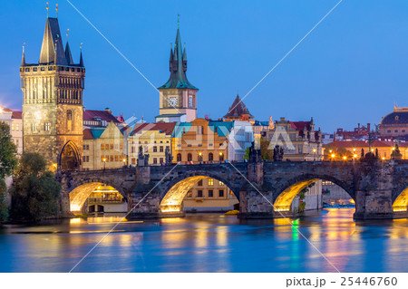 Famous Prague Landmarks - towers and bridge, night 25446760