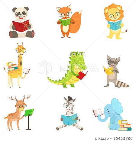Cute Animal Characters Reading Books Set - Stock Illustration [25453736] -  PIXTA