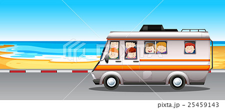 Children riding in camper van to the beach Children riding in camper van to the beach 25459143