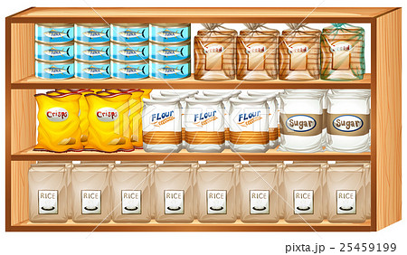 Shelves full of different kinds of food Shelves full of different kinds of food 25459199