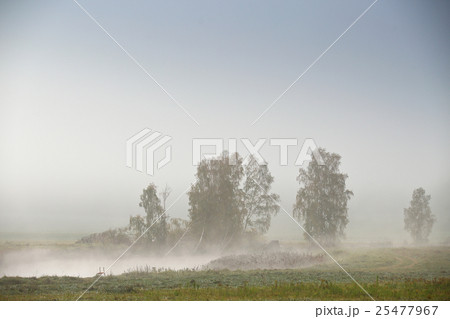 October autumn fields, meadows. Fog on the river 25477967