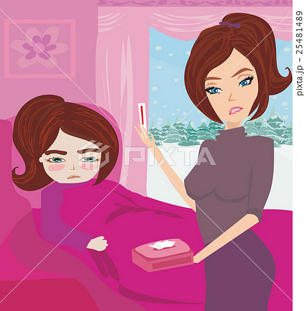 mother checking temperature of sick daughter  25481489