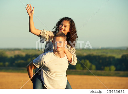 happy young couple walk on country outdoor happy young couple walk on country outdoor 25483621