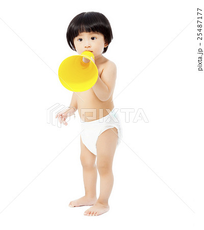 cute baby girl standing and holding a megaphone. cute baby girl standing and holding a megaphone. 25487177